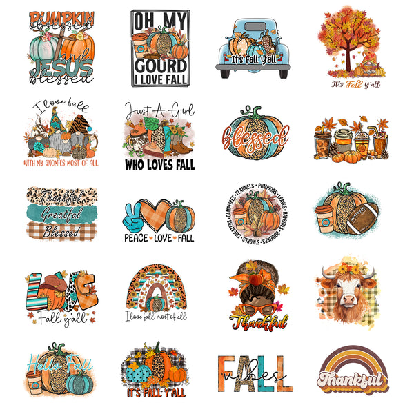 Tintnut Fall DTF Transfers Ready to Press Iron on Transfers-20 Sheets Thanksgiving Iron on Decals for T-Shirts Clothing Pumpkin Heat Transfer Iron on Stickers for Canvas Bag Design