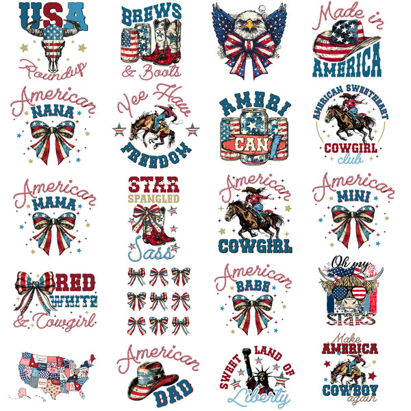 Tintnut Vintage Flag Day DTF Transfers Ready to Press Iron on Transfers-20 Sheets USA Flag Cowboy Pattern Iron on Decals for T-Shirts Clothing Heat Transfer Iron on Stickers for Canvas Bag Design