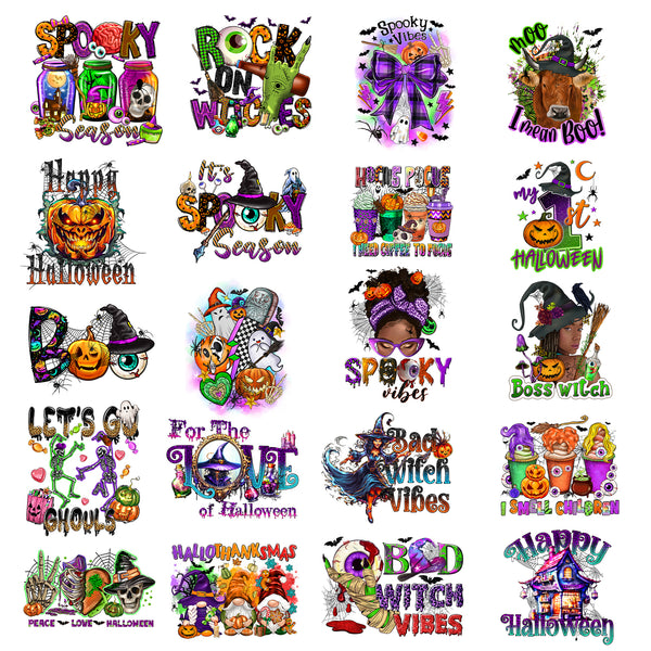 Tintnut Halloween DTF Transfers Ready to Press Iron on Transfers-20 Sheets Halloween Ghost Pumpkin Iron on Decals for T-Shirts Clothing Purple Style Heat Transfer Iron on Stickers for Canvas Bag Design