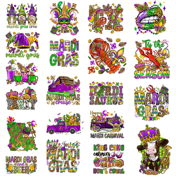 Tintnut Mardi Gras DTF Transfers Ready to Press Iron on Transfers-20 Sheets Carnival Pattern Iron on Decals for T-Shirts Clothing Heat Transfer Iron on Stickers for Canvas Bag Design ﻿
