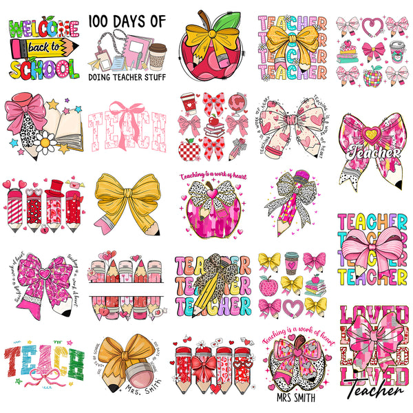 Tintnut Teacher Theme DTF Transfers Ready to Press Iron on Transfers-24 Sheets Bow Tie Iron on Decals for T-Shirts Clothing Heat Transfer Iron on Stickers for Canvas Bag Design