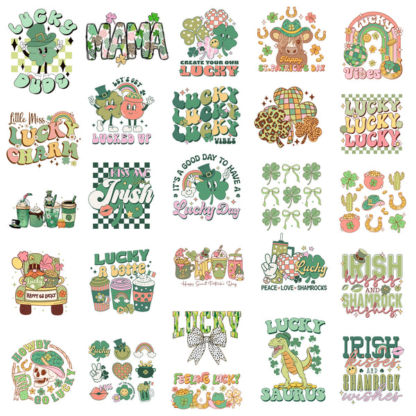 Tintnut Vintage St. Patrick's Day DTF Transfers Ready to Press Iron on Transfers-26 Sheets Irish Clover Pattern Iron on Decals for T-Shirts Clothing Heat Transfer Iron on Stickers for Canvas Bag Design