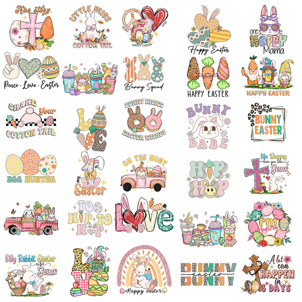 Tintnut Easter DTF Transfers Ready to Press Iron on Transfers-30 Sheets Bunny Egg Pattern Iron on Decals for T-Shirts Clothing Heat Transfer Iron on Stickers for Canvas Bag Design