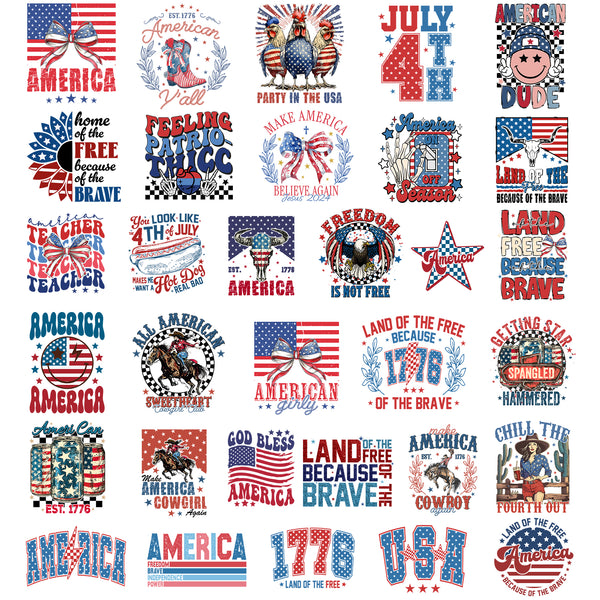 Tintnut Rooster Flag Day DTF Transfers Ready to Press Iron on Transfers-32 Sheets USA Flag Rooster Pattern Iron on Decals for T-Shirts Clothing Heat Transfer Iron on Stickers for Canvas Bag Design