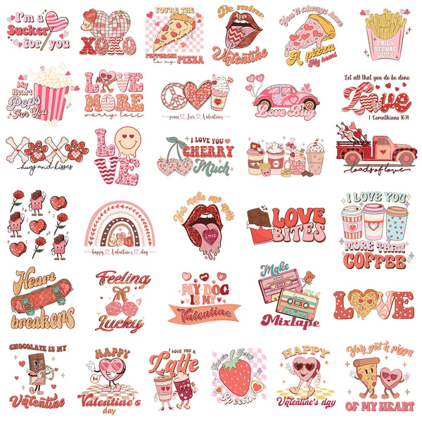 Tintnut Food Valentine's Day DTF Transfers Ready to Press Iron on Transfers-32 Sheets Food Love Pattern Iron on Decals for T-Shirts Clothing Heat Transfer Iron on Stickers for Canvas Bag Design