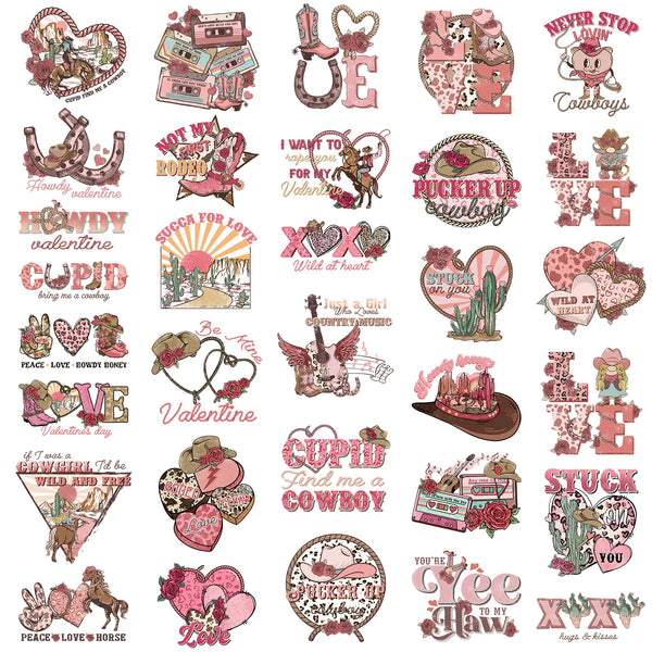 Tintnut Cowboy Valentine's Day DTF Transfers Ready to Press Iron on Transfers-32 Sheets Cowboy Love Pattern Iron on Decals for T-Shirts Clothing Heat Transfer Iron on Stickers for Canvas Bag Design
