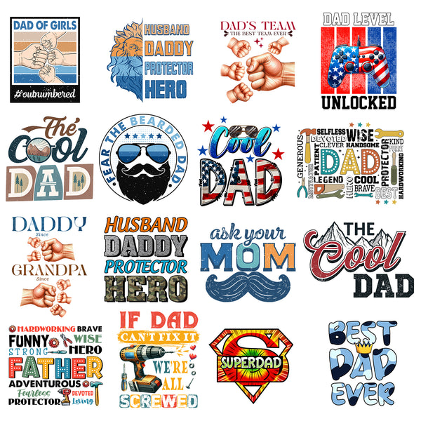 Tintnut DTF Transfers Ready to Press Iron on Decals-16 Sheets Funny Dad Iron on Transfers for T-Shirts Clothing Heat Transfer Iron on Stickers for Canvas Bag Design
